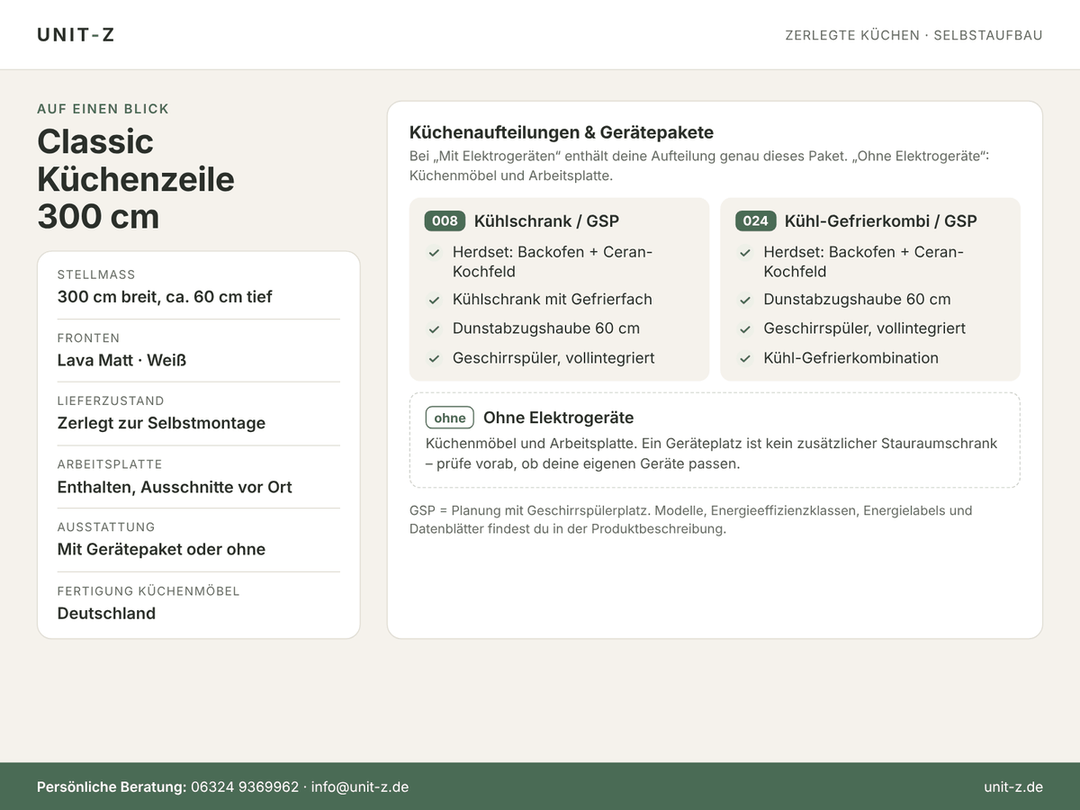 Unit-Z Küchenzeile Classic 300 cm – zerlegt, mit oder ohne Geräte