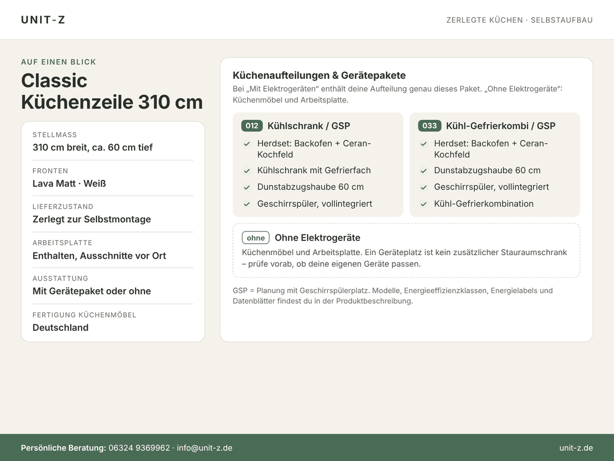 Unit-Z Küchenzeile Classic 310 cm – zerlegt, mit oder ohne Geräte