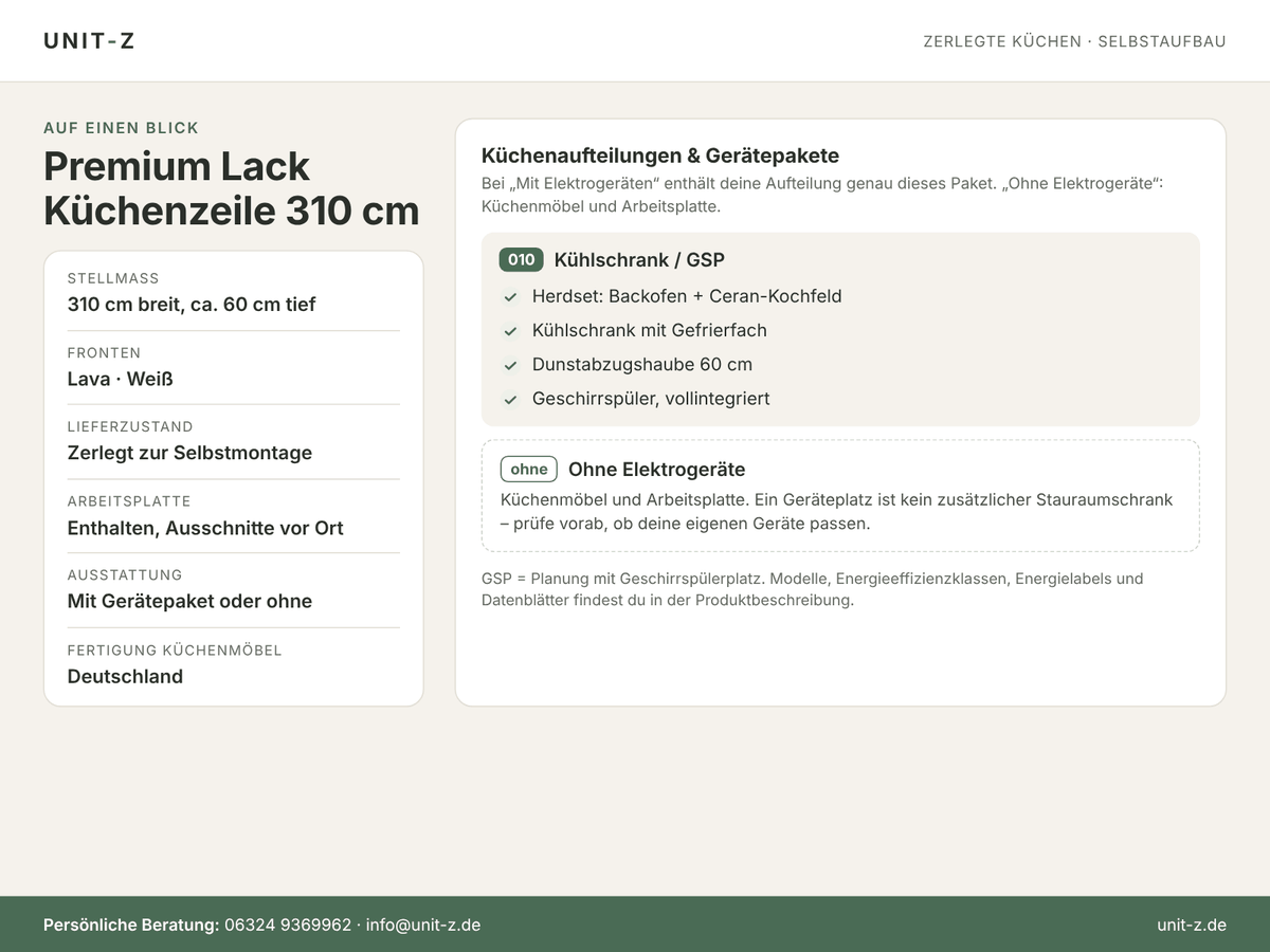 Unit-Z Küchenzeile Premium Lack 310 cm – zerlegt, mit oder ohne Geräte