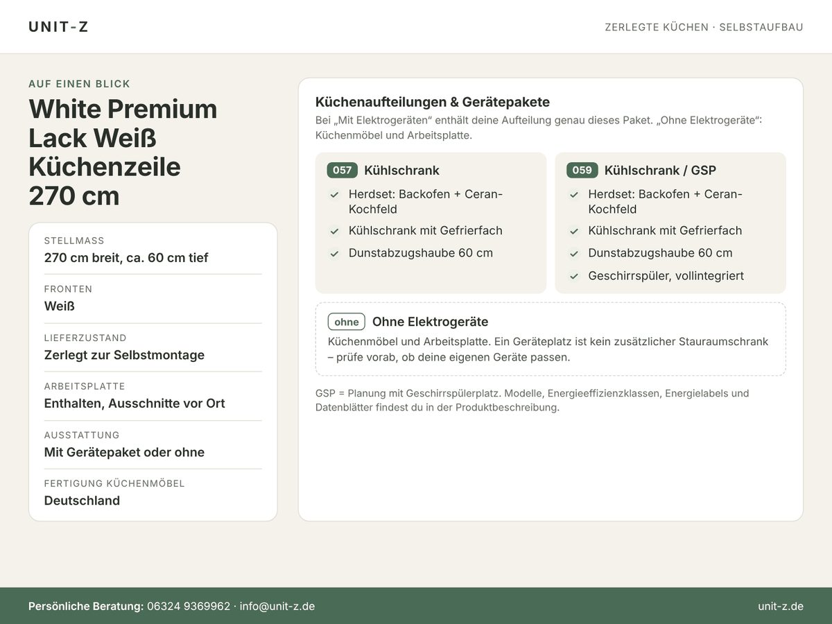 Unit-Z Küchenzeile White Premium Lack Weiß 270 cm – zerlegt, mit oder ohne Geräte