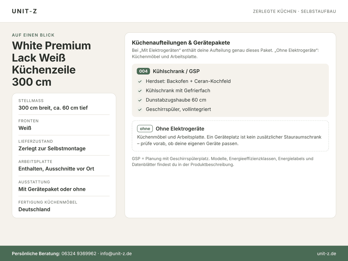 Unit-Z Küchenzeile White Premium Lack Weiß 300 cm – zerlegt, mit oder ohne Geräte