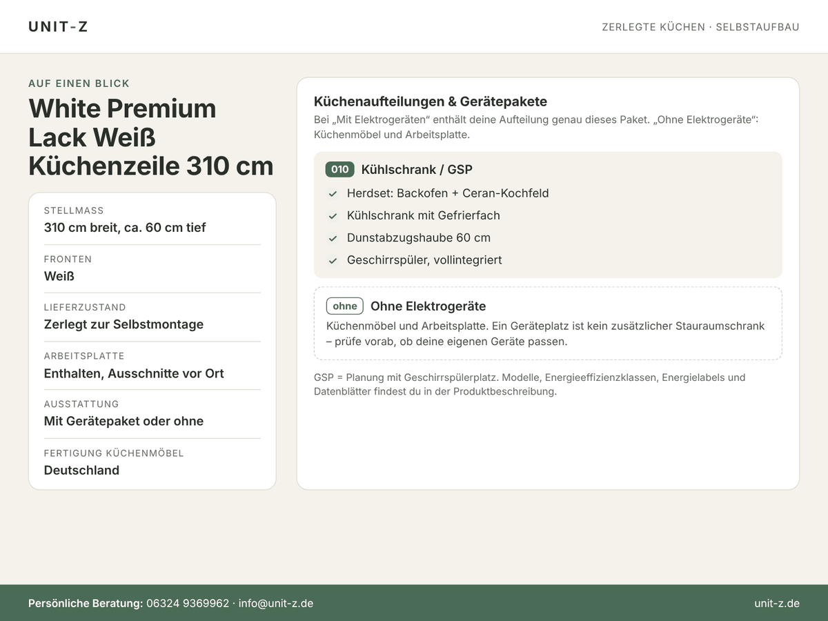 Unit-Z Küchenzeile White Premium Lack Weiß 310 cm – zerlegt, mit oder ohne Geräte