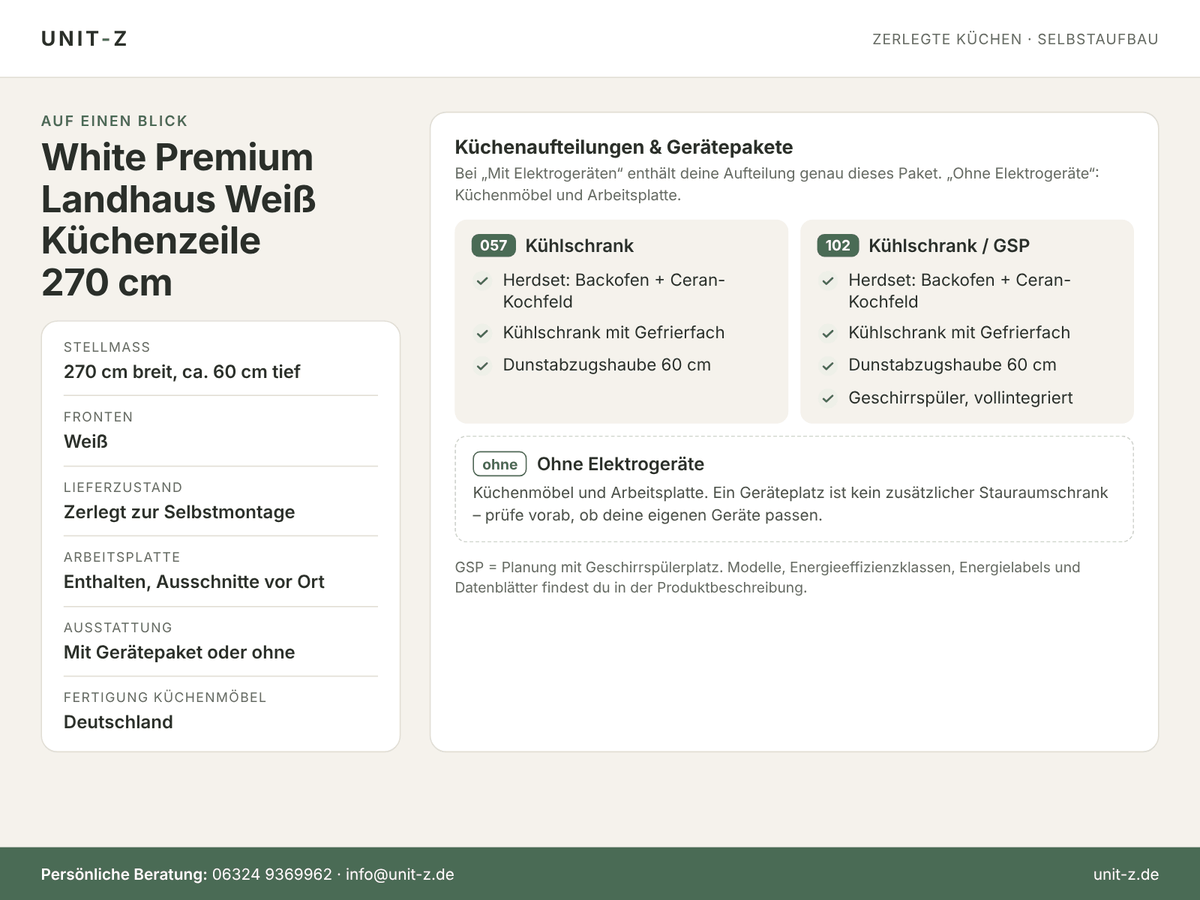 Unit-Z Küchenzeile White Premium Landhaus Weiß 270 cm – zerlegt, mit oder ohne Geräte