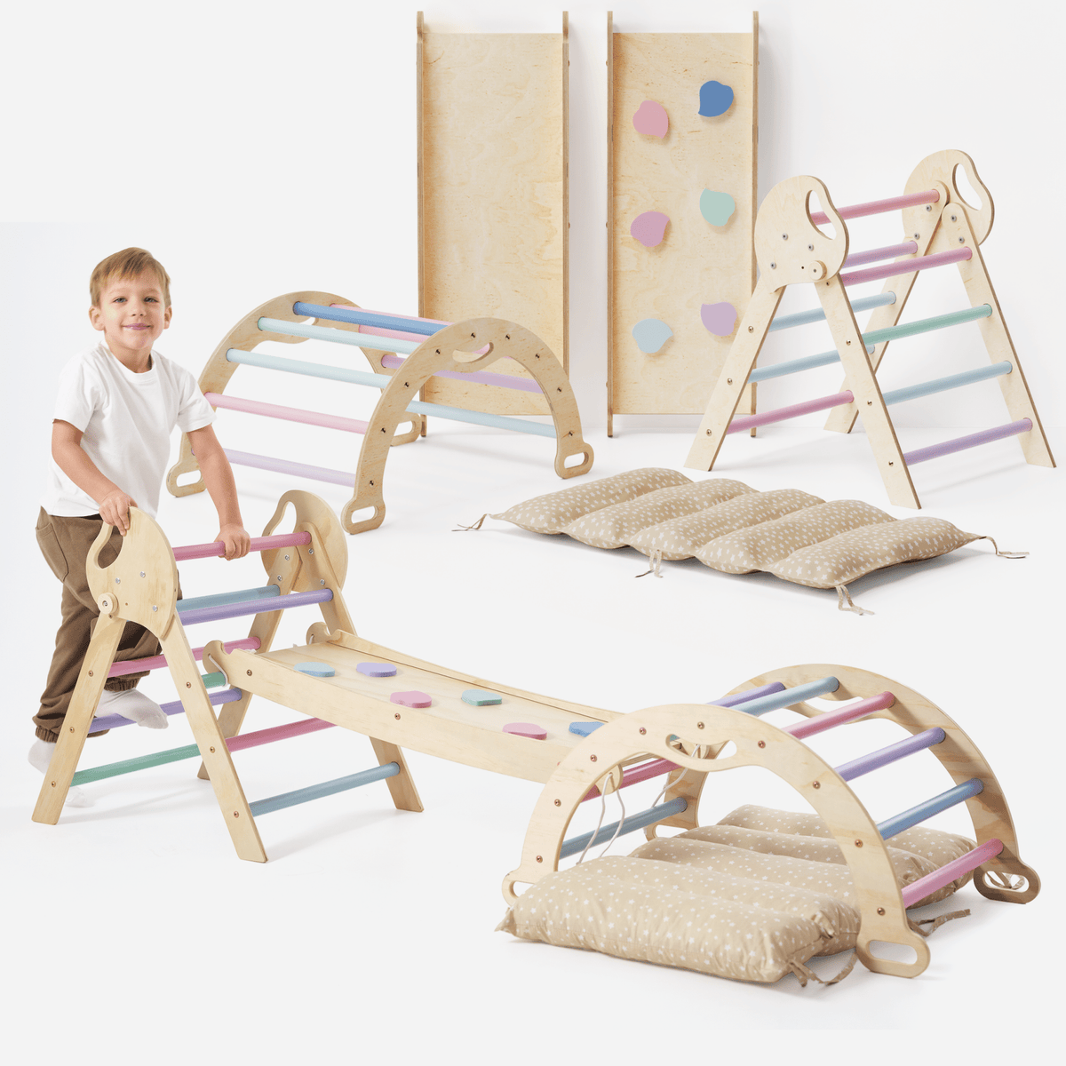 4-in-1 Montessori-Kletterset: Pikler-Dreieck, Kletterbogen, Rutschbrett und Kissen für Kleinkinder (1–3 Jahre) – Pastell