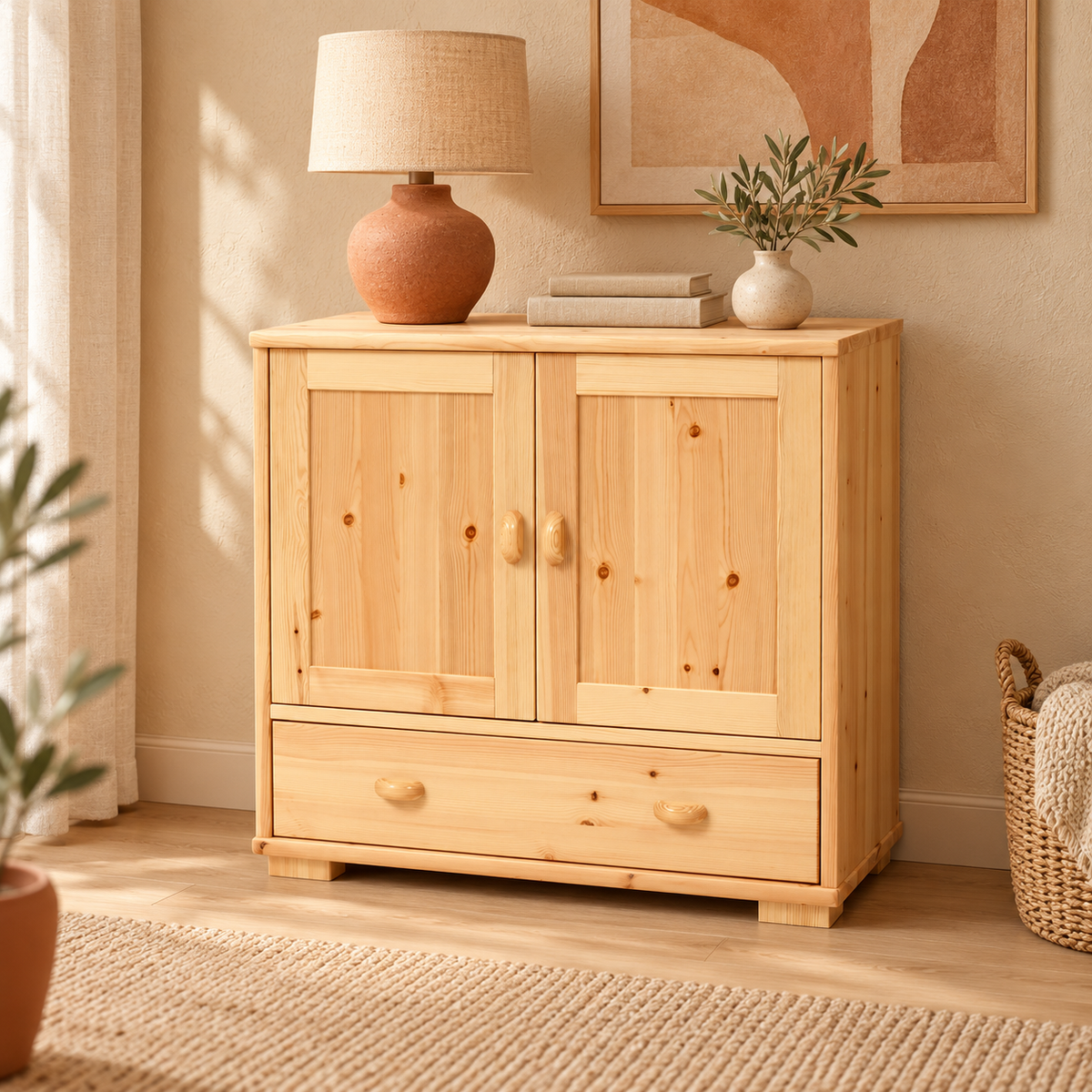 Vanessa Kommode Bio Massivholz | 2-türig Sideboard mit 1 Schublade aus 100% Bio Holz