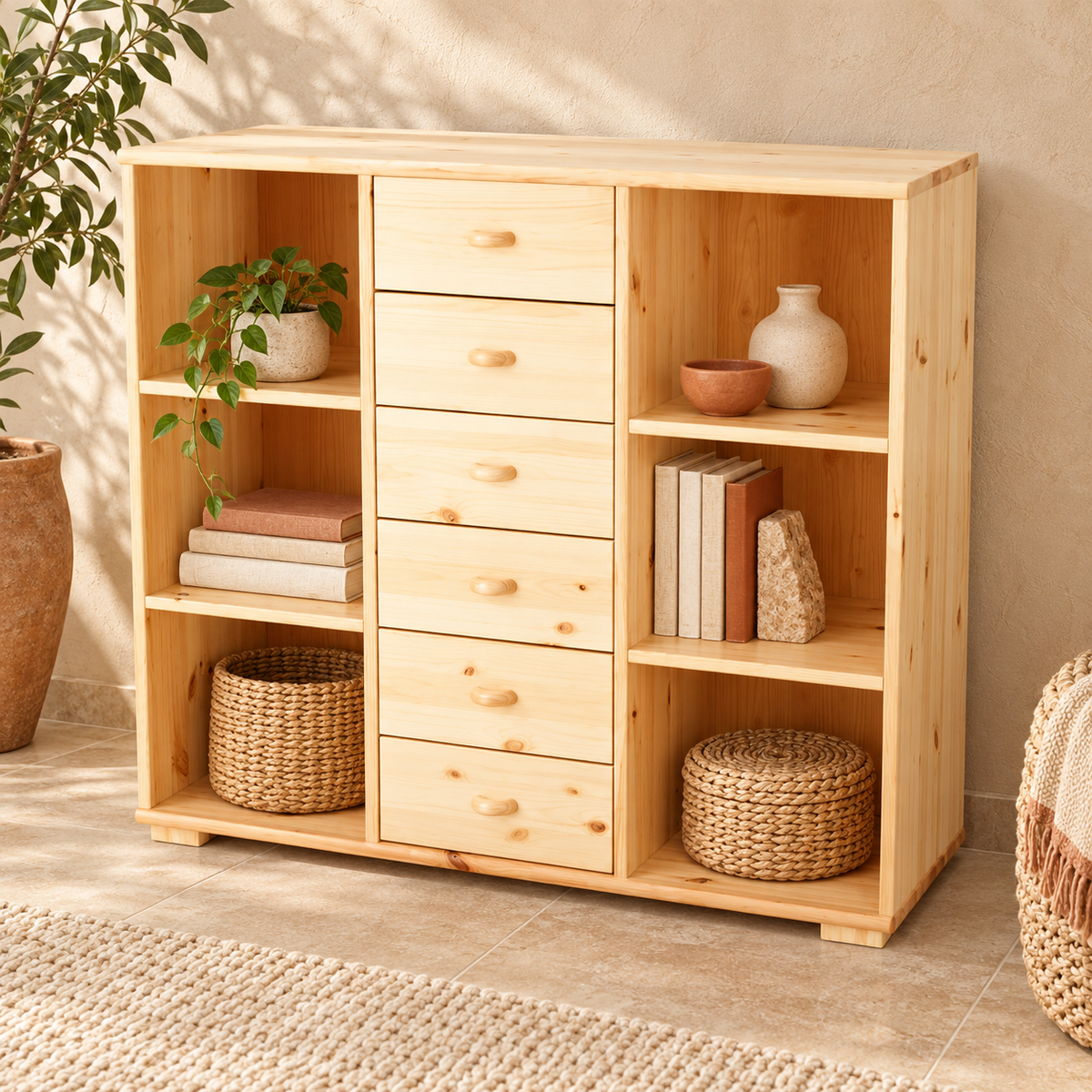 Vanessa Kommode Sideboard aus 100% Bio Massivholz | Anrichte mit 6 Regalfächern und 6 Schubladen