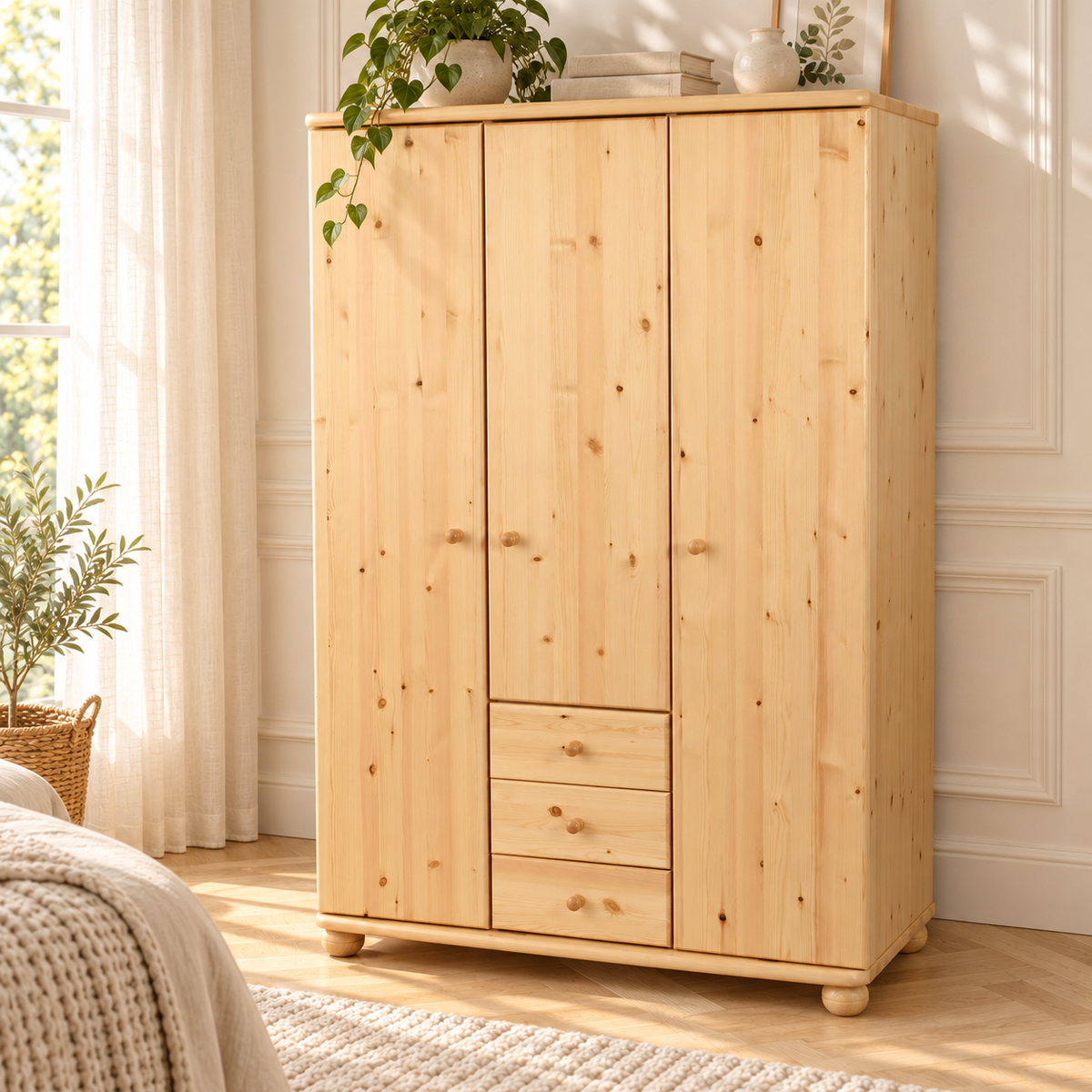 Claudia Hotel Kleiderschrank Bio Kiefer | 3 Türen | 3 Schubladen | Regalböden aus massivem Holz