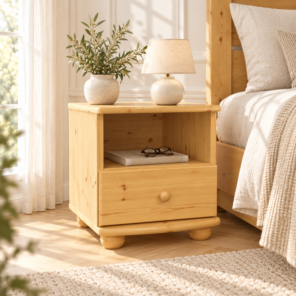 Claudia Kiefer Nachttisch Massivholz mit 1-Schublade und 1 Regal | 100% Bio Kiefer