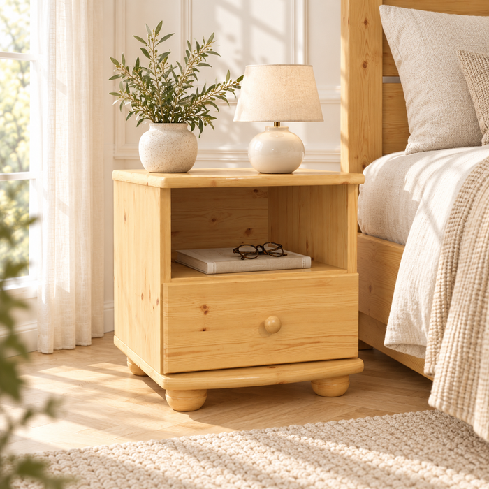 Claudia Kiefer Nachttisch Massivholz mit 1-Schublade und 1 Regal | 100% Bio Kiefer