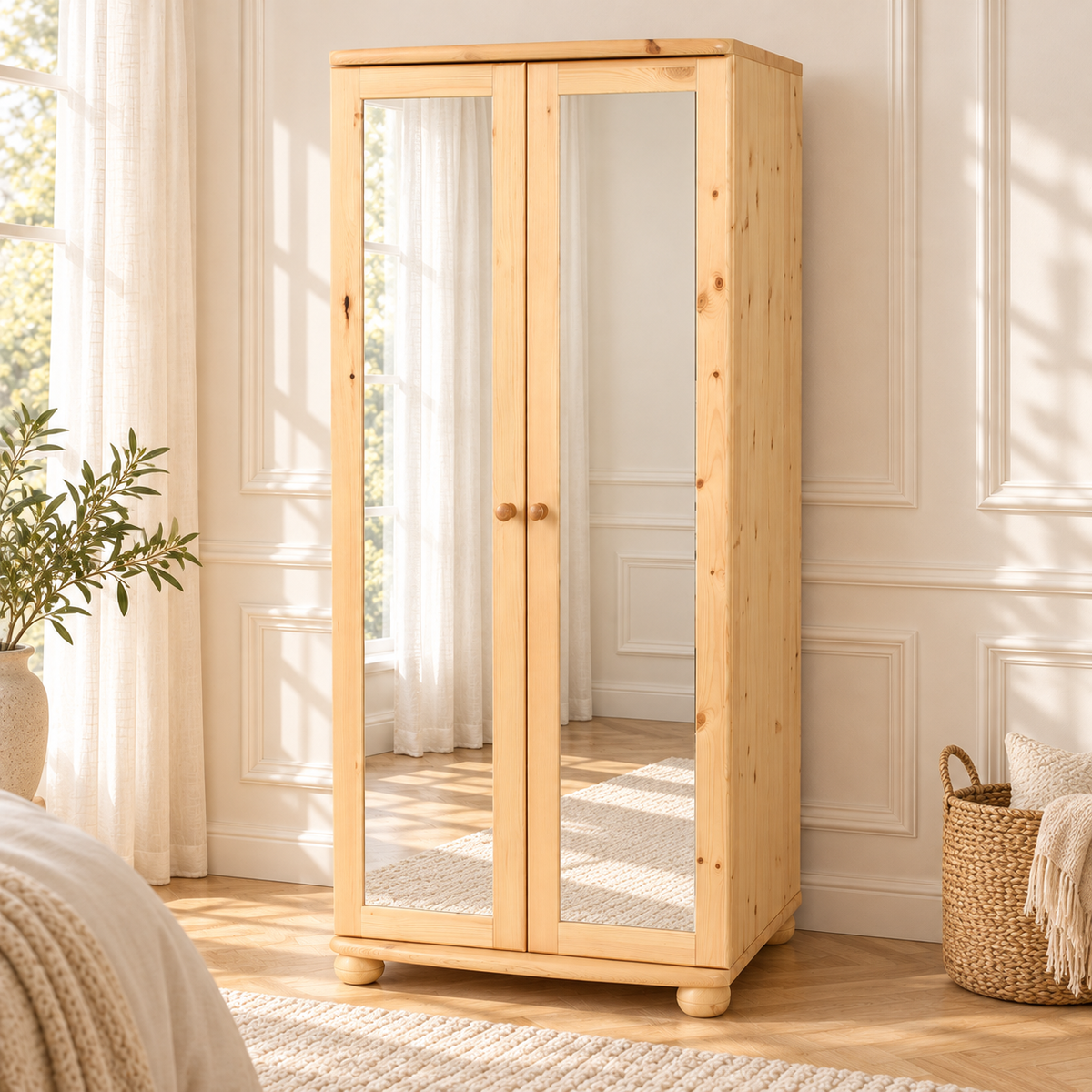 Claudia Kleiderschrank aus Massivholz | 2-türiger Spiegelschrank aus 100% Bio Kiefer