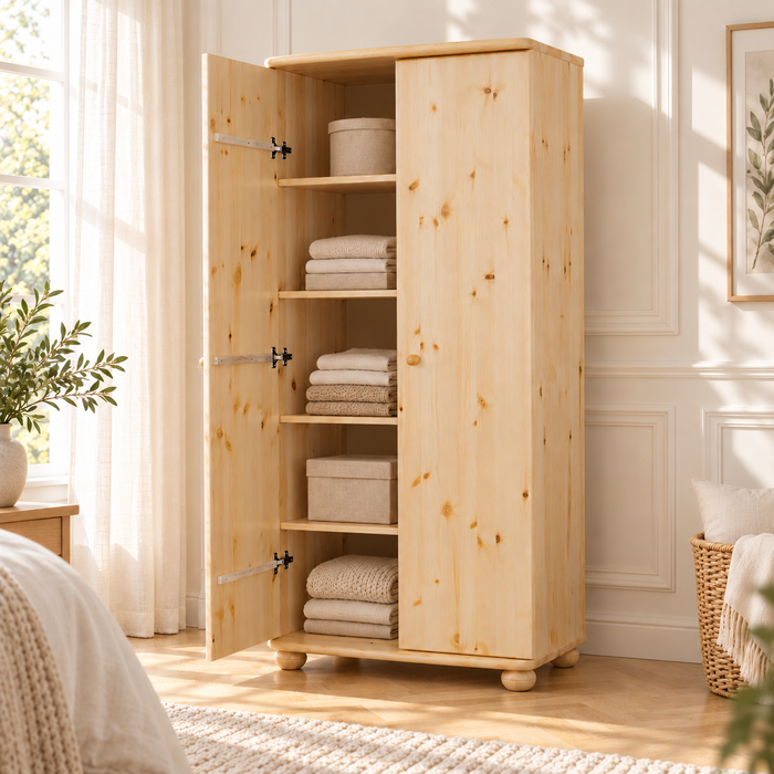 Claudia Kleiderschrank Bio Kiefer 2-türig | 45cm / 62cm Tiefe | 100% Massivholz mit Regalfächern