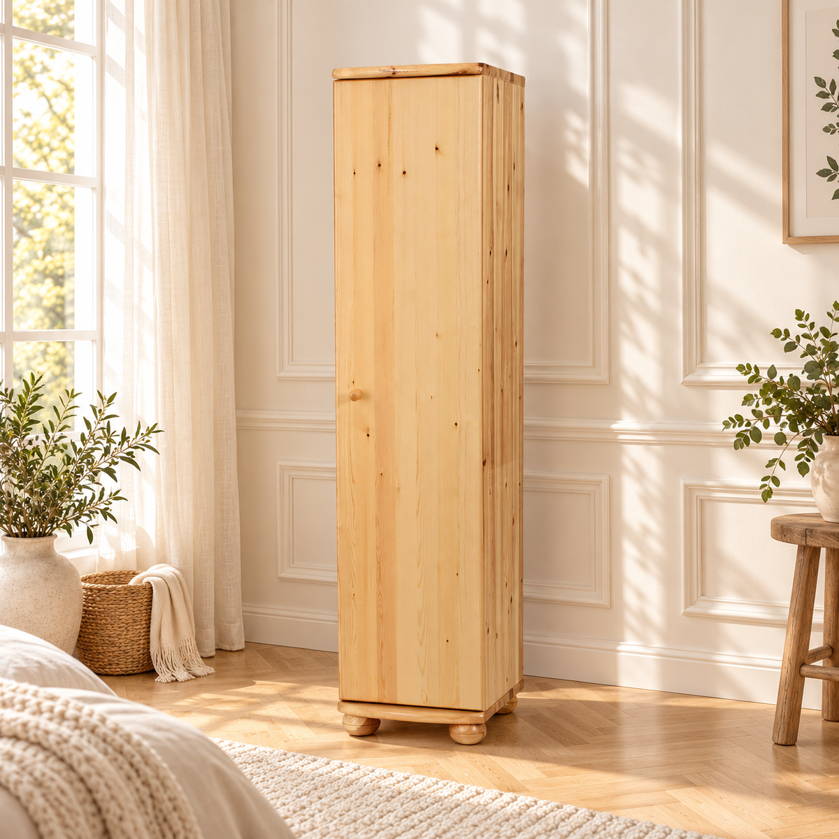 Claudia Kleiderschrank Bio Kiefer 45 cm Tiefe | 1-Türig mit 4 Regalen aus 100% Massivholz