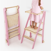 Holz Lernleiter Montessori: Multifunktionaler, klappbarer Lernturm für Kinder – Rosa