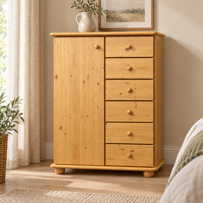 Anika Kommode 100% Bio Kiefer Massivholz | Sideboard mit 6 Schubladen und 1 Tür aus solidem Holz