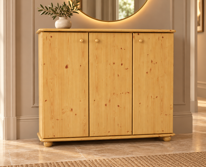 Anika Kommode Kiefer Massivholz 110er | 3-Türig Sideboard mit Regalfächer aus 100% Bio Holz