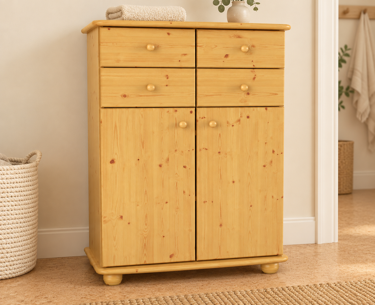 Anika Kommode Sideboard aus 100% Bio Kiefer Massivholz | 2-Türig | 4 Schubladen Anrichte