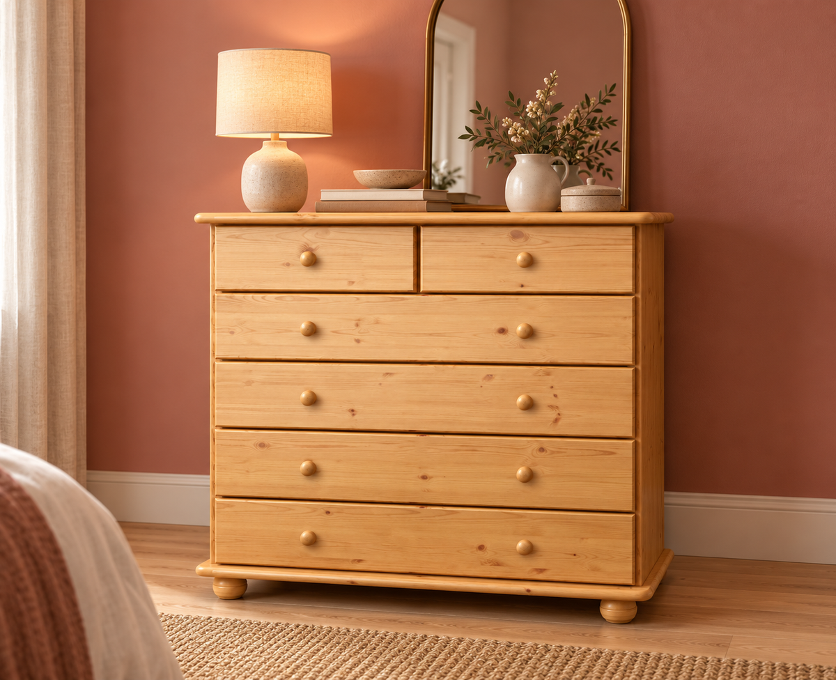 Anika Kommode Massivholz aus 100% Bio Kiefer | 6-Schubladen Sideboard für modernen Wohnstil