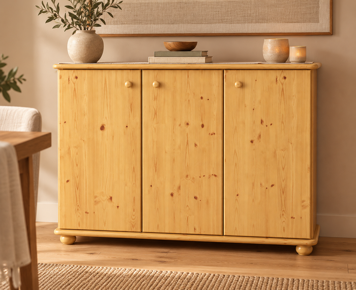 Anika Kommode Bio Kiefer Massivholz | 93er Sideboard 3-Türig mit Regalfächer