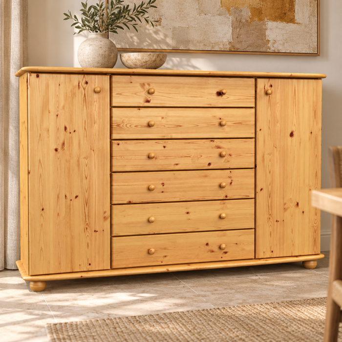 Anika Kommode XL Kiefer Massivholz | Sideboard mit 2 Türen & 6 Schubladen | 100% Bio Qualität