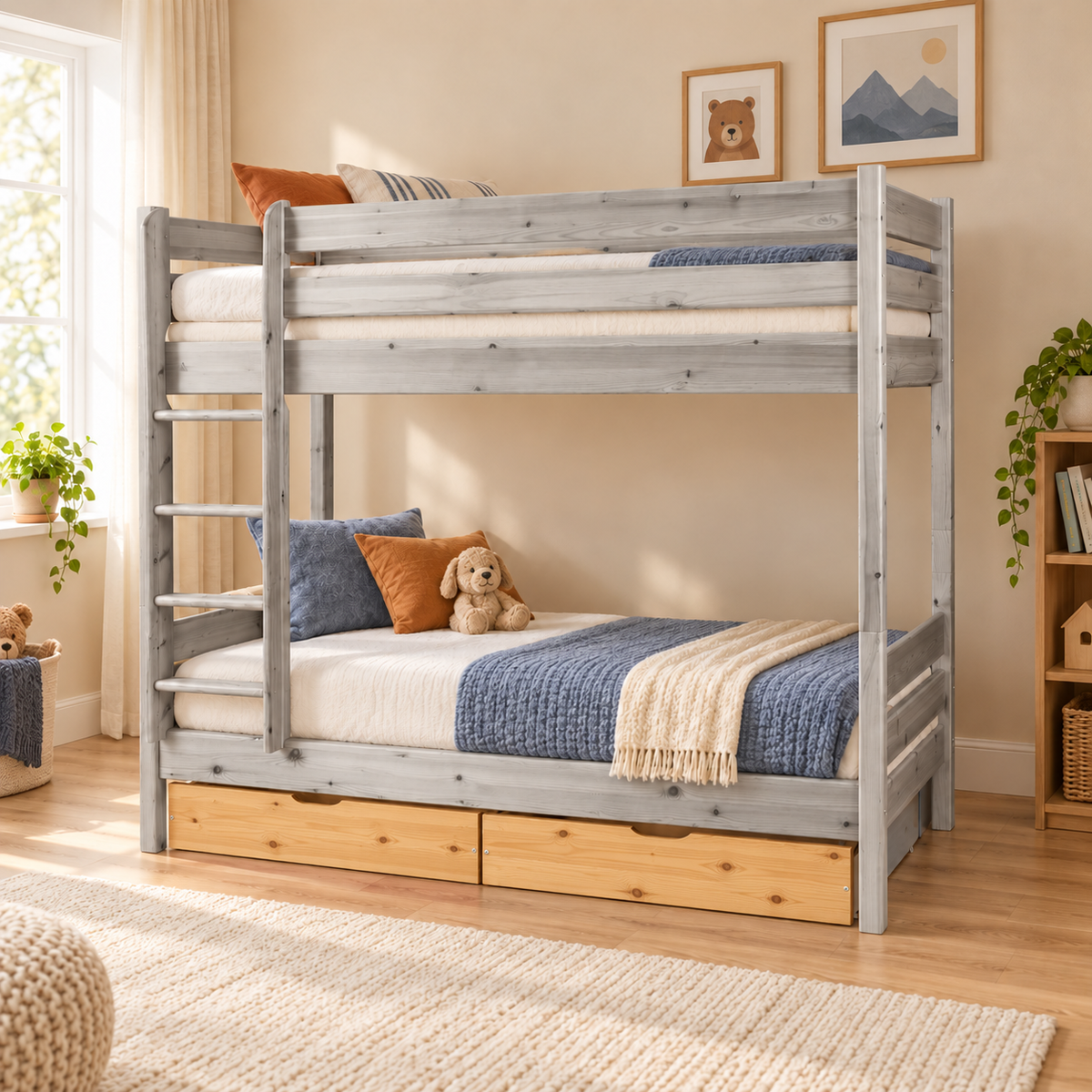 Bettkasten Geschwisterbett 90x200 cm | Leo Hochbett mit 2 Etagen für Kinder | Zwillingsbett 2x90x200 cm
