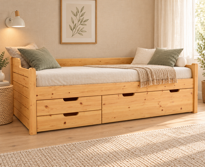 Einzelbett 90x200cm Bio-Kiefer Massivholz mit 3 Schubladen als Gästebett