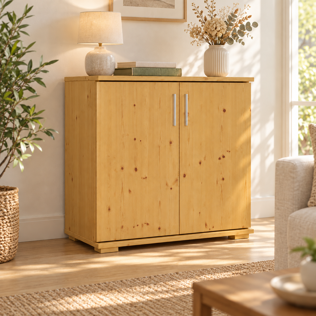 Nobis Kommode Massivholz | Sideboard Anrichte | 2-Türig | 90cm hoch | 100% Bio Kiefer Massivholz