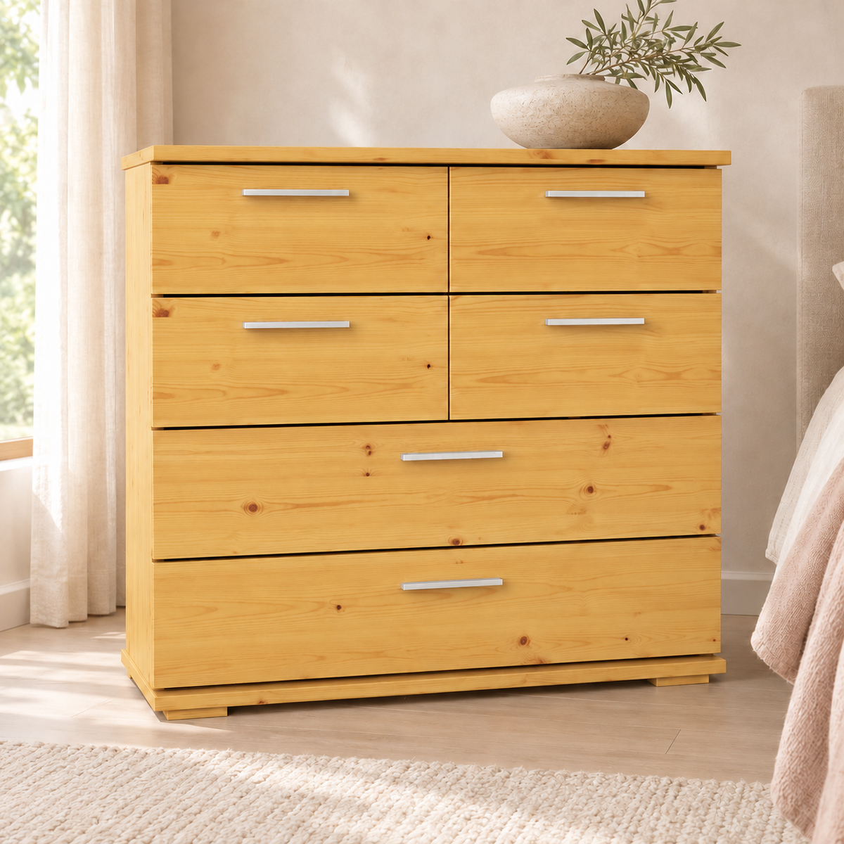 Nobis Kommode Bio Kiefer Massivholz | Sideboard mit 4 kleinen und 2 großen Schubladen | Anrichte aus 100% Bio Kiefer