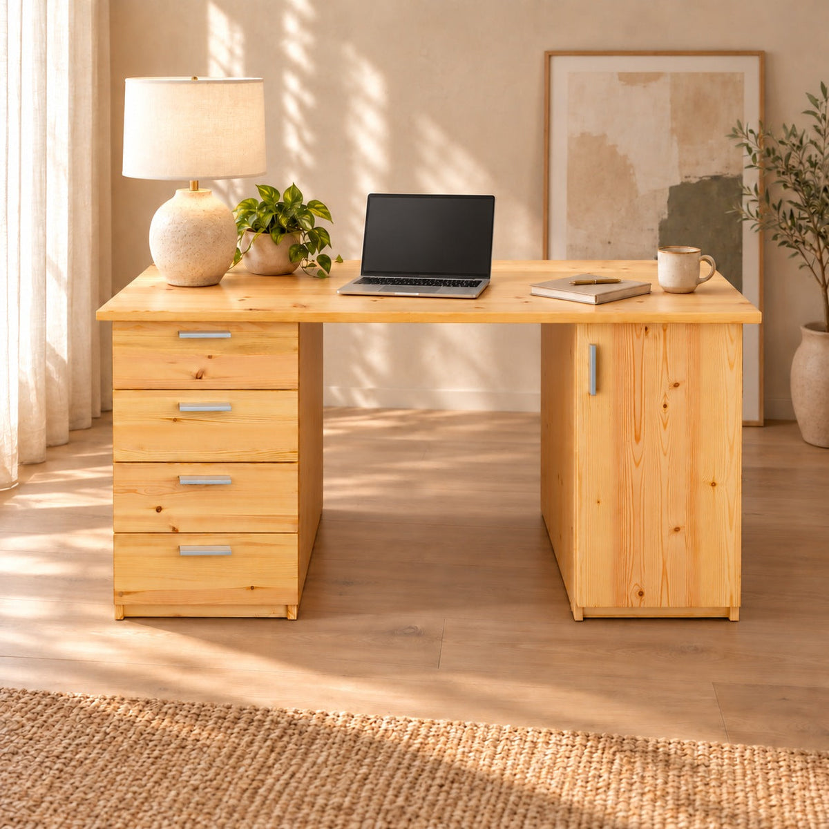 Nobis Bürotisch 100% Bio Kiefer | 1-Türig mit 4 Schubladen aus massivem Holz