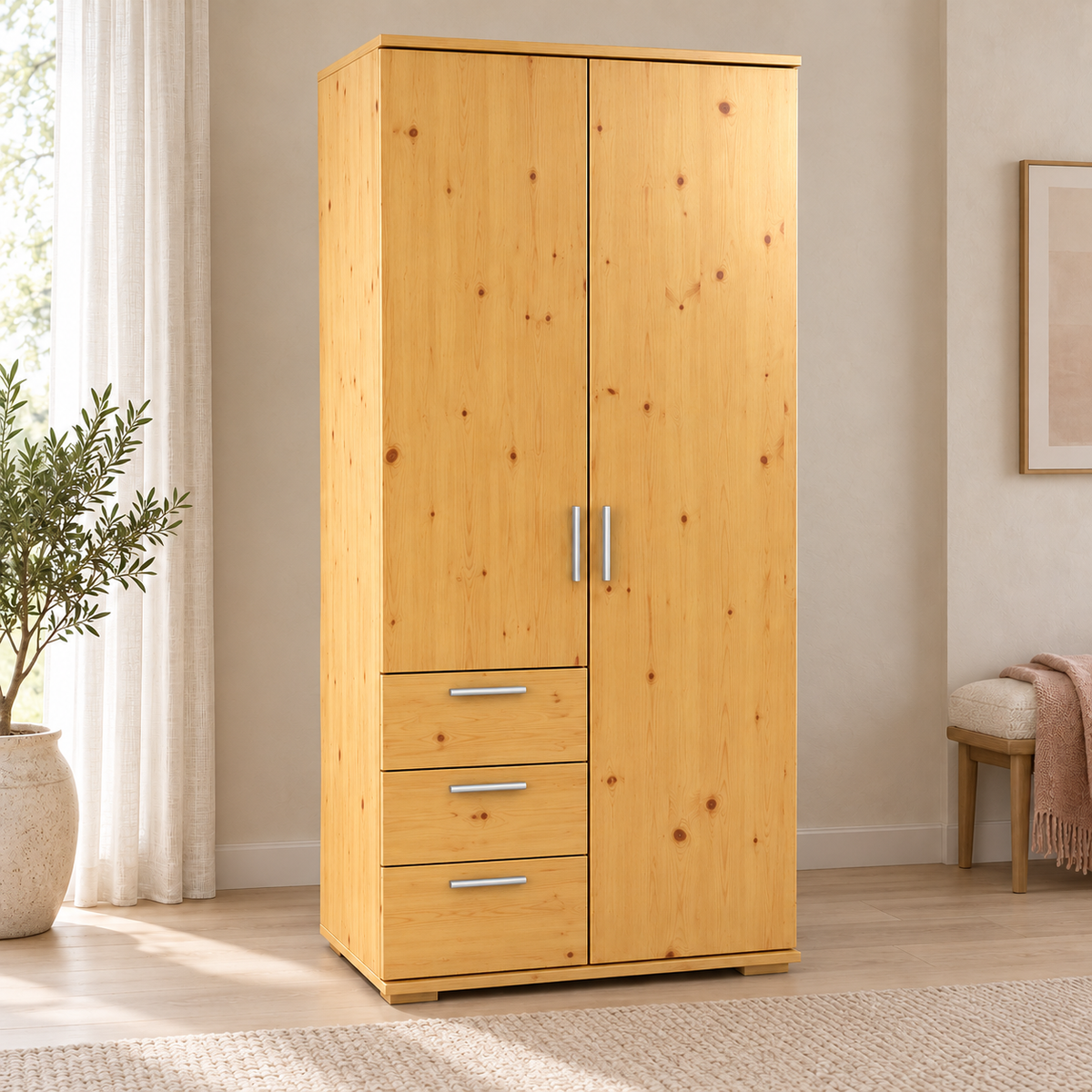 Nobis Kleiderschrank Bio Kiefer Massivholz | 2-türig mit Kleiderstange & 3 Schubladen