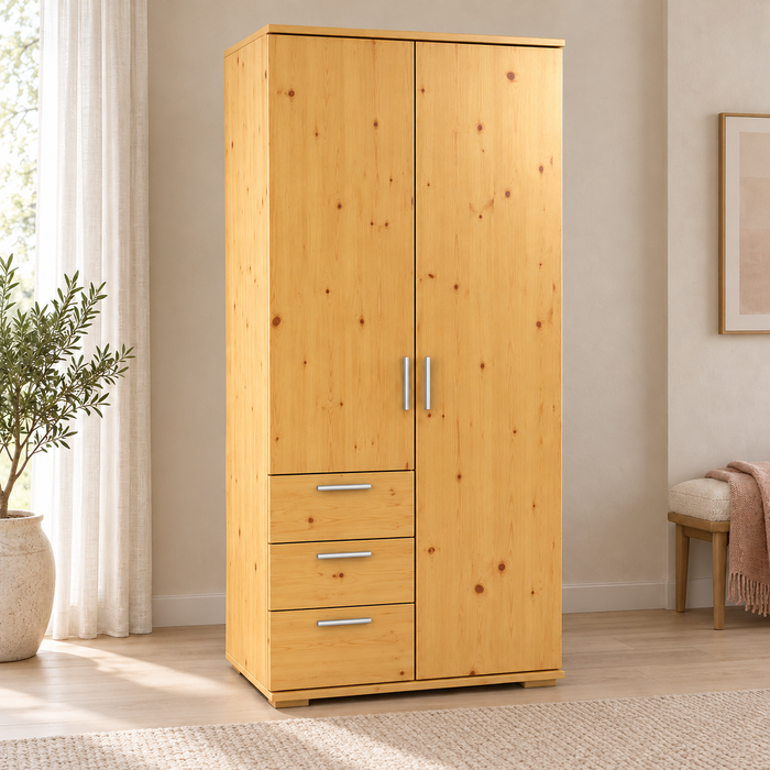 Nobis Kleiderschrank Bio Kiefer Massivholz | 2-türig mit Kleiderstange & 3 Schubladen