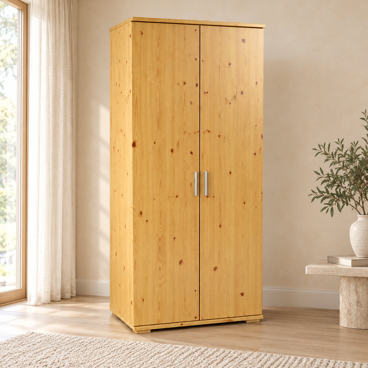 Nobis Kleiderschrank Bio Kiefer | 2-Türig mit Kleiderstange und Regalen aus 100% massivem Holz