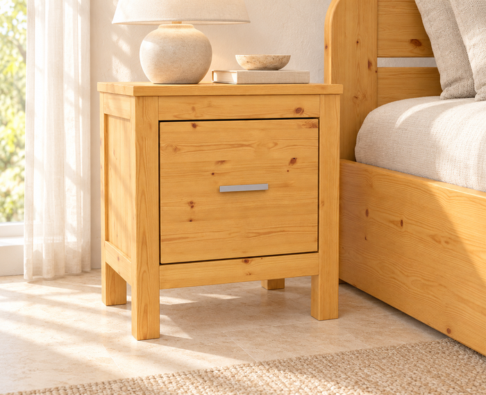 SALE – Nachttisch aus Kiefernholz mit Schublade – Premium Line Natur