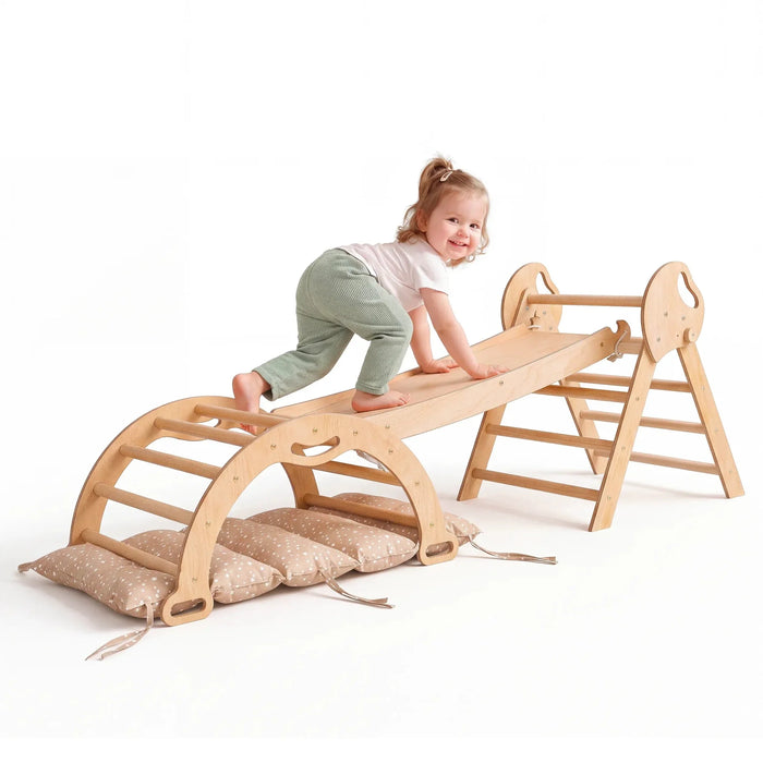Montessori 4in1 Kletterdreieck für Babys: Pikler-Dreieck, Kletterbogen, Rutschbrett und Kissen für Kleinkinder (1–3 Jahre) - Beige