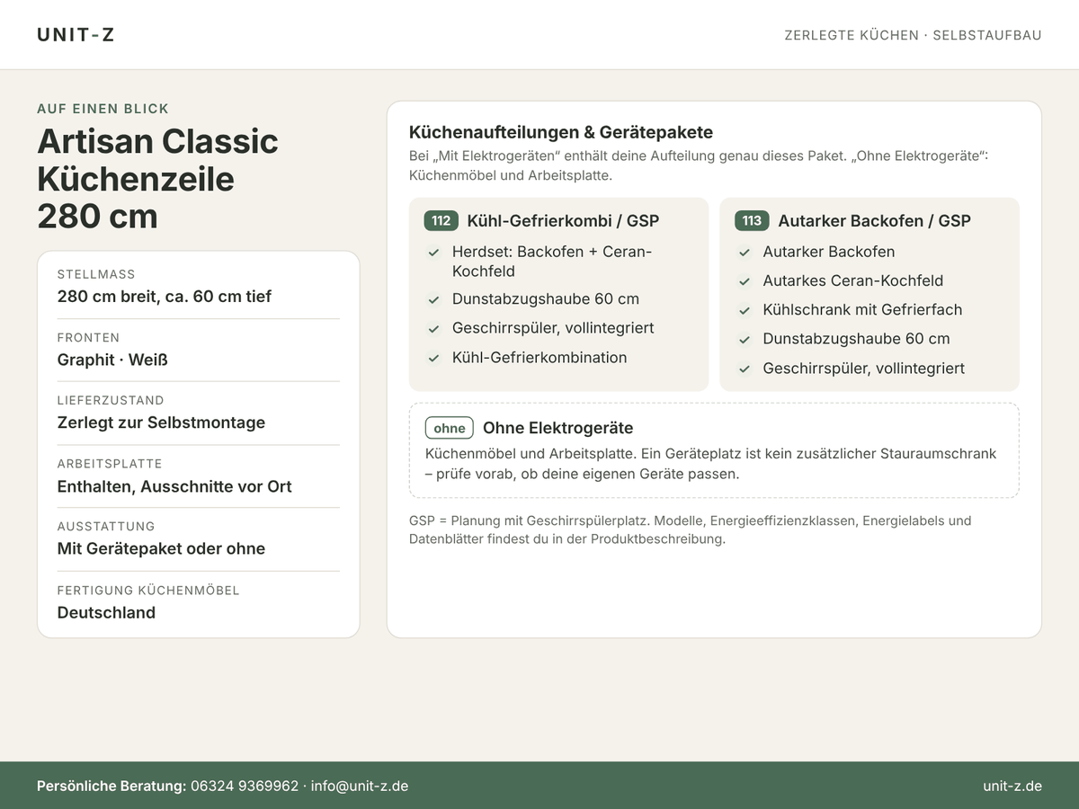Unit-Z Küchenzeile Artisan Classic 280 cm – zerlegt, mit oder ohne Geräte