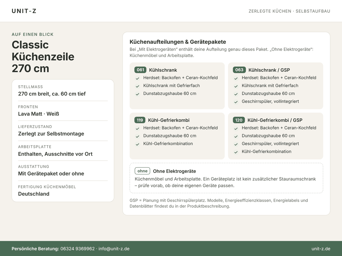 Unit-Z Küchenzeile Classic 270 cm – zerlegt, mit oder ohne Geräte