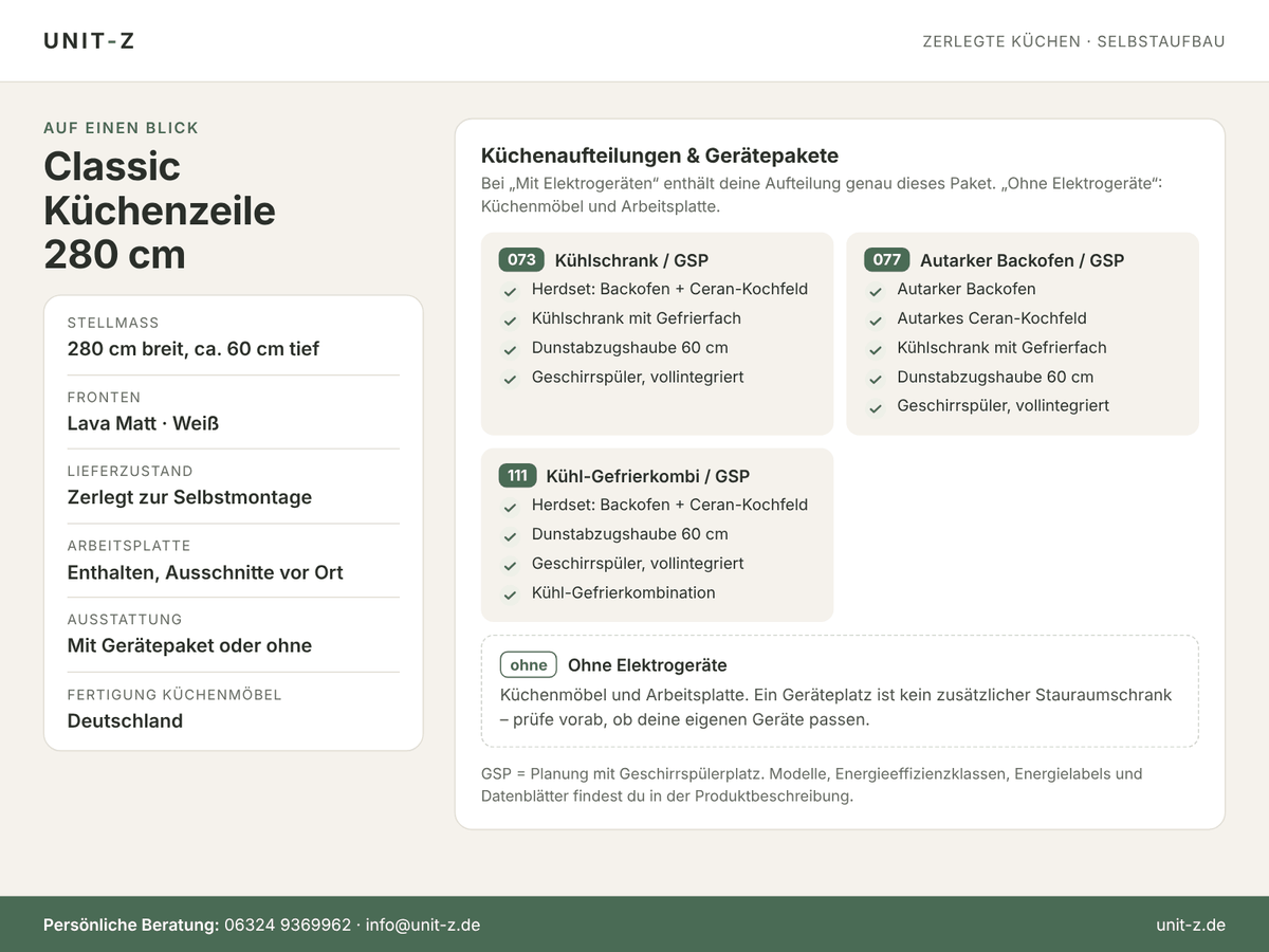 Unit-Z Küchenzeile Classic 280 cm – zerlegt, mit oder ohne Geräte