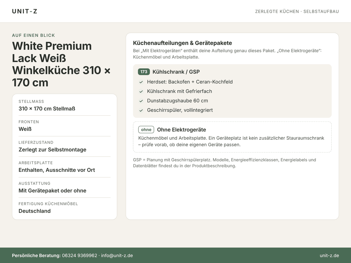 Unit-Z Winkelküche White Premium Lack Weiß 310 x 170 cm – zerlegt, mit oder ohne Geräte