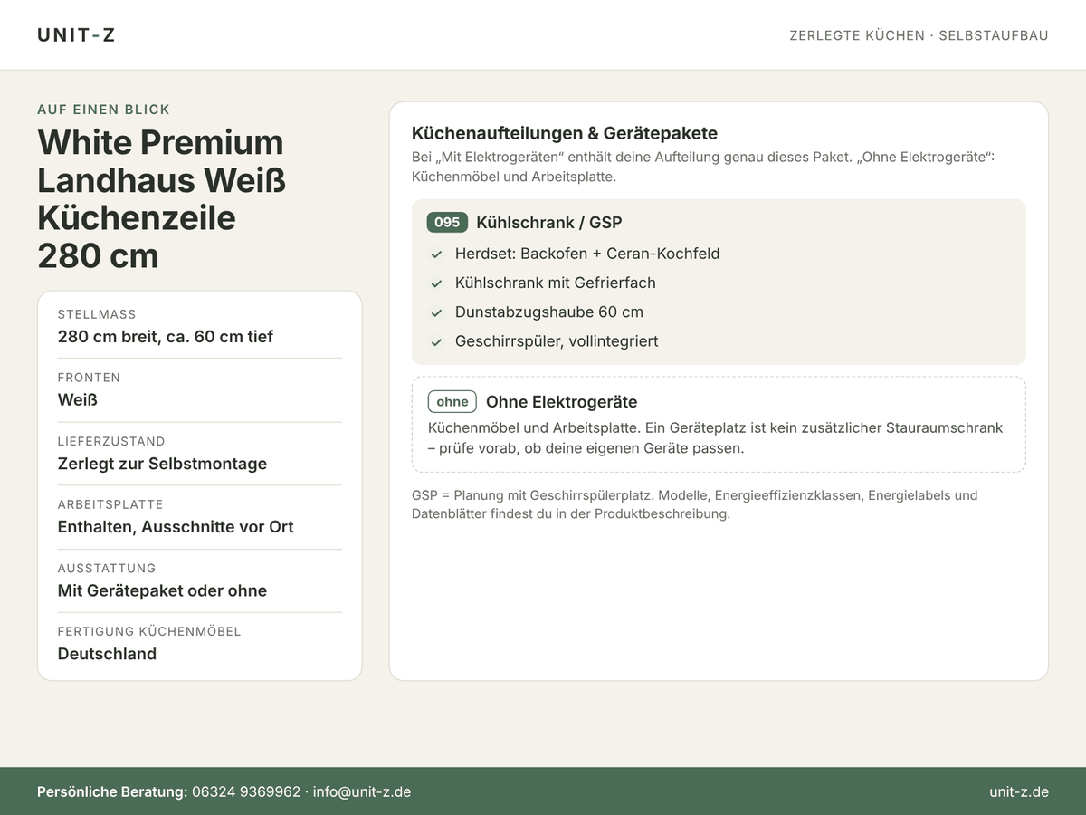 Unit-Z Küchenzeile White Premium Landhaus Weiß 280 cm – zerlegt, mit oder ohne Geräte