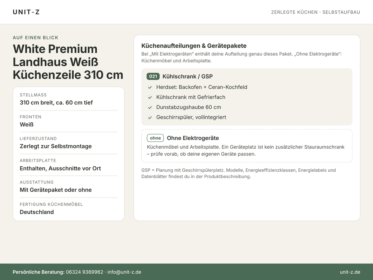 Unit-Z Küchenzeile White Premium Landhaus Weiß 310 cm – zerlegt, mit oder ohne Geräte