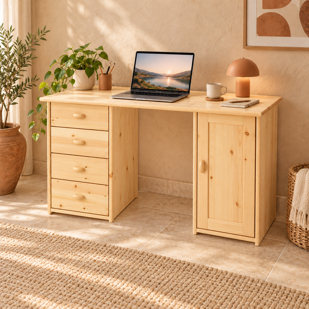 Vanessa Schreibtisch aus Kiefer Massivholz | 1-Türig | 4-Schubladen - Für ein stilvolles Home-Office